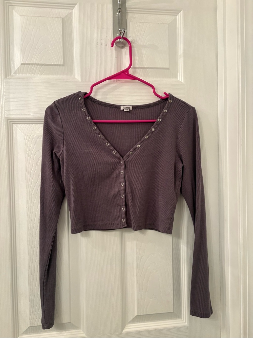 Garage Cropped Snap-Front Long Sleeve Top - Purple